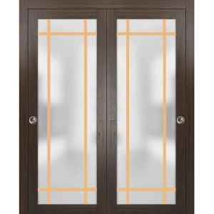 Sliding Closet Bypass Doors with Hardware | Planum 2113 Chocolate Ash with Frosted Glass and Aluminum Strips | Sturdy Rails Moldings Trims Hardware Set | Modern Wood Solid Bedroom Wardrobe Doors