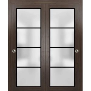 Sliding Closet Bypass Doors with Hardware | Planum 2132 Chocolate Ash with Frosted Glass and Aluminum Strips | Sturdy Rails Moldings Trims Hardware Set | Modern Wood Solid Bedroom Wardrobe Doors