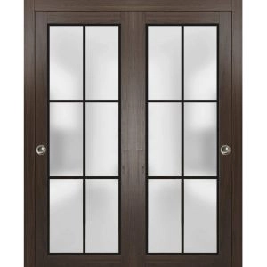 Sliding Closet Bypass Doors with Hardware | Planum 2122 Chocolate Ash with Frosted Glass and Aluminum Strips | Sturdy Rails Moldings Trims Hardware Set | Modern Wood Solid Bedroom Wardrobe Doors