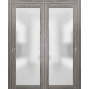 Sliding Closet Bypass Doors with Hardware | Planum 2102 Ginger Ash with Frosted Glass | Sturdy Rails Moldings Trims Hardware Set | Modern Wood Solid Bedroom Wardrobe Doors