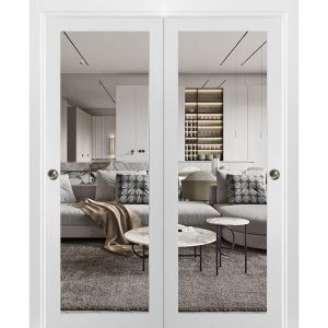 Sliding Closet Bypass Doors with | Lucia 2166 White Silk with Clear Glass | Sturdy Rails Moldings Trims Hardware Set | Wood Solid Bedroom Wardrobe Doors