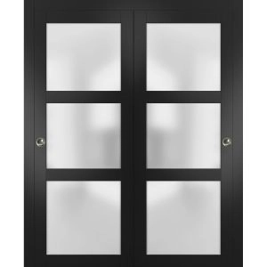 Sliding Closet Bypass Doors | Lucia 2552 Black Matte with Frosted Glass | Sturdy Rails Moldings Trims Hardware Set | Wood Solid Bedroom Wardrobe Doors