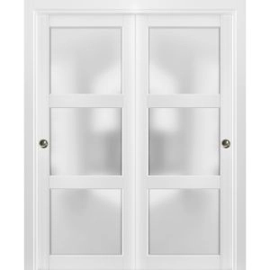 Sliding Closet Bypass Doors with hardware | Lucia 2552 with Frosted Glass | Sturdy Rails Moldings Trims Set | Kitchen Lite Wooden Solid Bedroom Wardrobe Doors