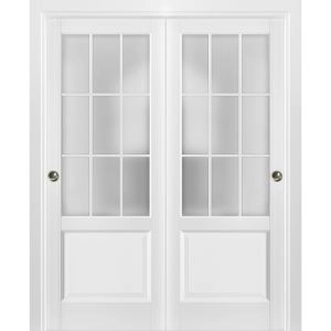 Sliding Closet Bypass Doors | Felicia 3309 White Silk with Frosted Glass | Sturdy Rails Moldings Trims Hardware Set | Wood Solid Bedroom Wardrobe Doors 