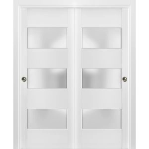 Sliding Closet 3 Lites Bypass Doors | Lucia 4070 White Silk with Frosted Glass | Sturdy Rails Moldings Trims Hardware Set | Wood Solid Bedroom Wardrobe Doors 