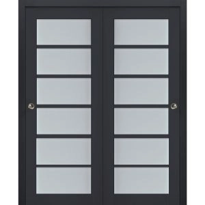 Sliding Closet Bypass Doors | Veregio 7602 Antracite with Frosted Glass | Sturdy Rails Moldings Trims Hardware Set | Wood Solid Bedroom Wardrobe Doors 