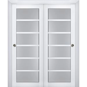 Sliding Closet Bypass Doors | Veregio 7602 White Silk with Frosted Glass | Sturdy Rails Moldings Trims Hardware Set | Wood Solid Bedroom Wardrobe Doors 