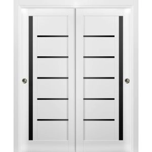Sliding Closet Bypass Doors | Quadro 4588 White Silk with Black Glass | Sturdy Rails Moldings Trims Hardware Set | Wood Solid Bedroom Wardrobe Doors 