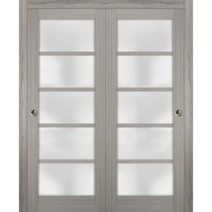 Sliding Closet Bypass Doors | Quadro 4002 Ginger Ash with Frosted Glass | Sturdy Rails Moldings Trims Hardware Set | Wood Solid Bedroom Wardrobe Doors 