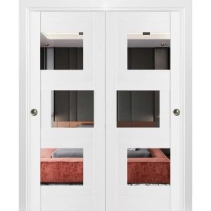 Sliding Closet Opaque Glass Bypass Doors 36 x 96 inches / Sete 6999 White Silk with Mirror / Rails Hardware Set / Wood Solid Bedroom Wardrobe Doors 