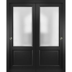 Sliding Closet Bypass Doors | Lucia 22 Matte Black with Frosted Glass | Sturdy Rails Moldings Trims Hardware Set | Wood Solid Bedroom Wardrobe Doors 