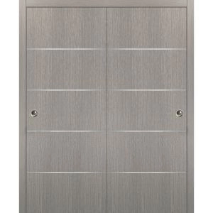 Sliding Closet Bypass Doors with hardware | Planum 0020 Grey Oak | Sturdy Rails Moldings Trims Hardware Set | Modern Wood Solid Bedroom Wardrobe Doors