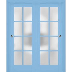 Sliding Closet Bypass Doors | Veregio 7412 Aquamarine with Frosted Glass | Sturdy Rails Moldings Trims Hardware Set | Wood Solid Bedroom Wardrobe Doors 