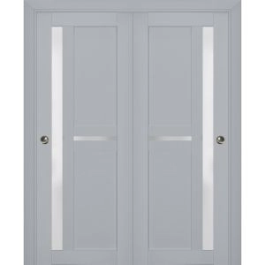 Sliding Closet Bypass Doors | Veregio 7288 Matte Grey with Frosted Glass | Sturdy Rails Moldings Trims Hardware Set | Wood Solid Bedroom Wardrobe Doors 