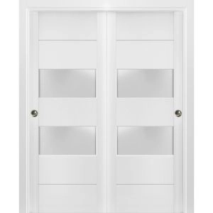 Sliding Closet 2 lites Bypass Doors | Lucia 4010 White Silk with Frosted Glass | Sturdy Rails Moldings Trims Hardware Set | Wood Solid Bedroom Wardrobe Doors 