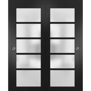 Sliding Closet Bypass Doors | Quadro 4002 Black Matte with Frosted Glass | Sturdy Rails Moldings Trims Hardware Set | Wood Solid Bedroom Wardrobe Doors 