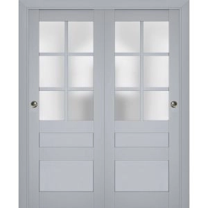 Sliding Closet Bypass Doors | Veregio 7339 Matte Grey with Frosted Glass | Sturdy Rails Moldings Trims Hardware Set | Wood Solid Bedroom Wardrobe Doors 