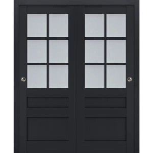 Sliding Closet Bypass Doors | Veregio 7339 Antracite with Frosted Glass | Sturdy Rails Moldings Trims Hardware Set | Wood Solid Bedroom Wardrobe Doors 