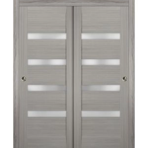 Sliding Closet Bypass Doors | Quadro 4113 Ginger Ash with Frosted Glass | Sturdy Rails Moldings Trims Hardware Set | Wood Solid Bedroom Wardrobe Doors 