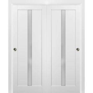 Sliding Closet Bypass Doors 56 x 80 with hardware | Quadro 4112 White Silk with Frosted Opaque Glass | Sturdy Rails Moldings Trims Set | Kitchen Lite Wooden Solid Bedroom Wardrobe Doors 