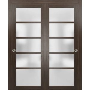 Sliding Closet Bypass Doors | Quadro 4002 Chocolate Ash with Frosted Glass | Sturdy Rails Moldings Trims Hardware Set | Wood Solid Bedroom Wardrobe Doors 