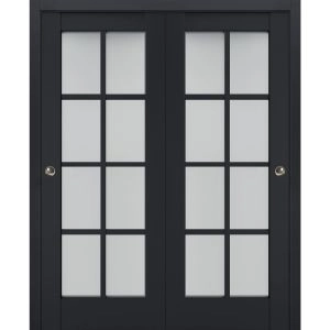 Sliding Closet Bypass Doors | Veregio 7412 Antracite with Frosted Glass | Sturdy Rails Moldings Trims Hardware Set | Wood Solid Bedroom Wardrobe Doors 