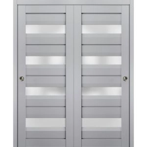 Sliding Closet Bypass Doors | Veregio 7455 Matte Grey with Frosted Glass | Sturdy Rails Moldings Trims Hardware Set | Wood Solid Bedroom Wardrobe Doors 