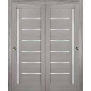 Sliding Closet Bypass Doors | Quadro 4088 Ginger Ash with Frosted Glass | Sturdy Rails Moldings Trims Hardware Set | Wood Solid Bedroom Wardrobe Doors 