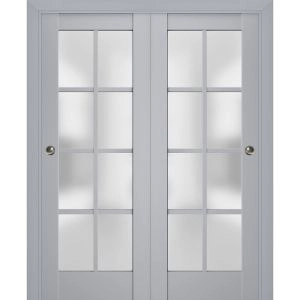 Sliding Closet Bypass Doors | Veregio 7412 Matte Grey with Frosted Glass | Sturdy Rails Moldings Trims Hardware Set | Wood Solid Bedroom Wardrobe Doors 