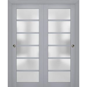 Sliding Closet Bypass Doors | Veregio 7602 Matte Grey with Frosted Glass | Sturdy Rails Moldings Trims Hardware Set | Wood Solid Bedroom Wardrobe Doors 