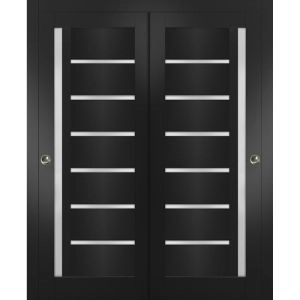 Sliding Closet Bypass Doors | Quadro 4088 Matte Black with Frosted Glass | Sturdy Rails Moldings Trims Hardware Set | Wood Solid Bedroom Wardrobe Doors 