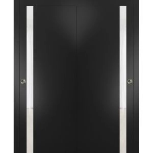 Sliding Closet Bypass Doors | Planum 0040 Matte Black with White Glass | Sturdy Rails Moldings Trims Hardware Set | Wood Solid Bedroom Wardrobe Doors 