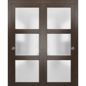 Sliding Closet Bypass Doors | Lucia 2552 Chocolate Ash with Frosted Glass | Sturdy Rails Moldings Trims Hardware Set | Wood Solid Bedroom Wardrobe Doors 
