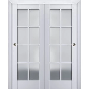Sliding Closet Bypass Doors | Veregio 7412 White Silk with Frosted Glass | Sturdy Rails Moldings Trims Hardware Set | Wood Solid Bedroom Wardrobe Doors 