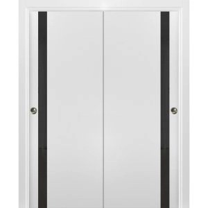 Sliding Closet Bypass Doors | Planum 0040 White Silk with Black Glass | Sturdy Rails Moldings Trims Hardware Set | Wood Solid Bedroom Wardrobe Doors 