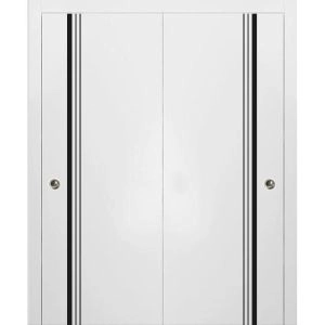 Sliding Closet Bypass Doors | Planum 0011 White Silk and Aluminum Strips | Sturdy Top Mount Rails Moldings Trims Hardware Set | Wood Solid Bedroom Wardrobe Doors