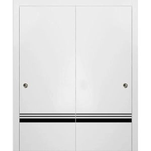 Sliding Closet Bypass Doors | Planum 0012 White Silk and Aluminum Strips | Sturdy Top Mount Rails Moldings Trims Hardware Set | Wood Solid Bedroom Wardrobe Doors