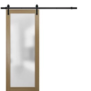 Sturdy Barn Door Frosted Tempered Glass | Planum 2102 Honey Ash | 6.6FT Black Rail Hangers Heavy Hardware Set | Modern Solid Panel Interior Doors -18" x 84"