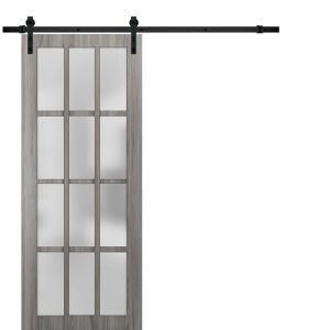 Sturdy Barn Door 12 Lites | Felicia 3312 Ginger Ash with Frosted Glass | 6.6FT Rail Hangers Heavy Hardware Set | Solid Panel Interior Doors