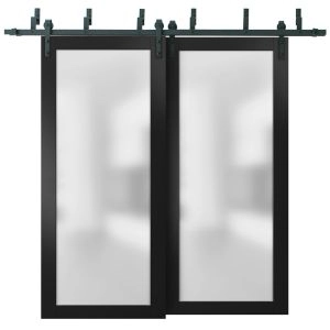 Sliding Closet Barn Bypass Doors with Hardware | Planum 2102 Matte Black with Frosted Glass | Sturdy 6.6ft Rails Hardware Set | Modern Wood Solid Bedroom Wardrobe Doors 
