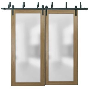 Sliding Closet Frosted Glass Barn Bypass Doors with Hardware | Planum 2102 Honey Ash | Sturdy 6.6ft Rails Hardware Set | Modern Wood Solid Bedroom Wardrobe Doors -36" x 84" (2* 18x84)