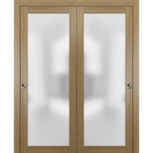 Sliding Closet Bypass Doors with Hardware | Planum 2102 Honey Ash with Frosted Glass | Sturdy Rails Moldings Trims Hardware Set | Modern Wood Solid Bedroom Wardrobe Doors -36" x 84" (2* 18x84)