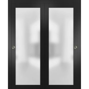 Sliding Closet Bypass Doors with Hardware | Planum 2102 Matte Black with Frosted Glass | Sturdy Rails Moldings Trims Hardware Set | Modern Wood Solid Bedroom Wardrobe Doors 
