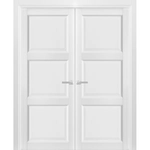 French Double Panel Solid Doors with Hardware | Lucia 2661 White Silk | Panel Frame Trims | Bathroom Bedroom Interior Sturdy Door 