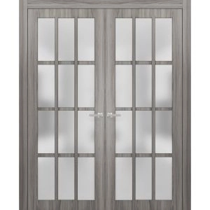 Solid French Double Doors Frosted Glass 12 Lites | Felicia 3312 Ginger Ash Grey | Single Regural Panel Frame Trims | Bathroom Bedroom Sturdy Doors -36" x 80" (2* 18x80)