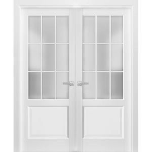 Solid French Double Doors 9 Lites | Felicia 3309 Matte White with Frosted Glass | Single Regural Panel Frame Trims | Bathroom Bedroom Sturdy Doors 
