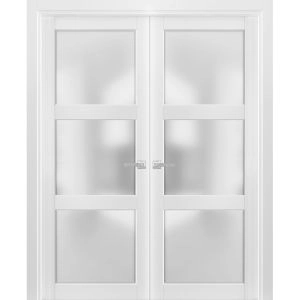 French Double Panel Lite Doors with Hardware | Lucia 2552 White Silk with Frosted Glass | Panel Frame Trims | Bathroom Bedroom Interior Sturdy Door 