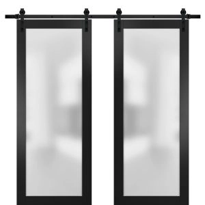 Sturdy Double Barn Door | Planum 2102 Matte Black with Frosted Glass | 13FT Rail Hangers Heavy Set | Modern Solid Panel Interior Doors