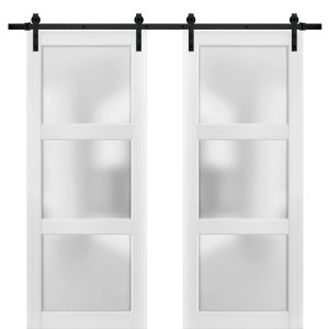 Sliding Double Barn Doors with Hardware | Lucia 2552 White SIlk with Frosted Glass | 13FT Rail Sturdy Set | Kitchen Lite Wooden Solid Panel Interior Bedroom Bathroom Door