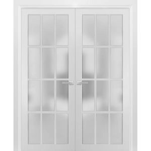 Solid French Double Frosted Glass Doors 12 Lites | Felicia 3312 White Silk | Single Regural Panel Frame Trims | Bathroom Bedroom Sturdy Doors -36" x 80" (2* 18x80)